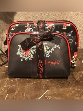 Ed Hardy Black Cosmetic Bag Set with Red Piping and Multicolor Tattoo Graphics